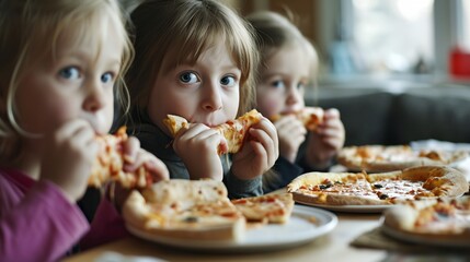 three little girls eating pizza