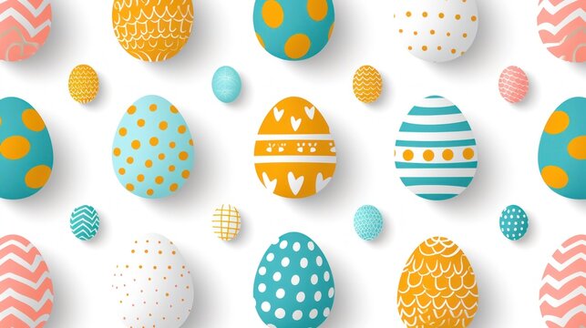 graphic illustration featuring an array of Easter eggs with various patterns such as polka dots, stripes, and zigzags in a palette of turquoise, orange, yellow, and white against a plain background.