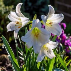 Fototapeta premium A captivating close-up of pristine white Easter lilies, their trumpet-shaped flowers fully open, basking in the sunlight amidst a garden setting.