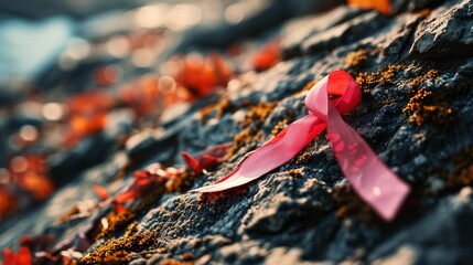 a pink ribbon on a rock - obrazy, fototapety, plakaty