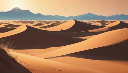 Fototapeta na wymiar Illustration of sand dunes, Desert landscape with sunset. Generative AI