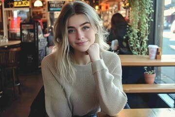 Casual Blonde Woman Enjoying Coffee in a Cozy Cafe. Generative AI.