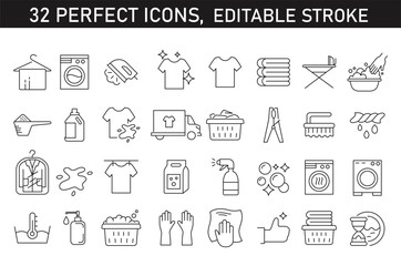 Laundry service set icons vector illustration 32 high quality icons and editable stroke