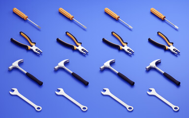 Industrial Maintenance Tool Set. Rows of carpentry or locksmith tools are arranged to rhythmic pattern on a blue background. 3D rendering graphics in isometric projection.