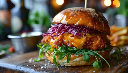 Gourmet Style Crispy Chicken Burger with Pickled Onions - obrazy, fototapety, plakaty