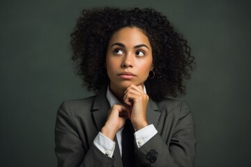 Fototapeta na wymiar Close up portrait serious young thoughtful African American businesswoman female lady woman entrepreneur elegant suit looking away pensive face expression dreaming thinking solution problem planning