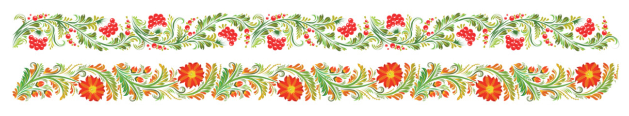 Seamless borders in vector. Ukrainian art Petrikivka. Colorful abstract flowers