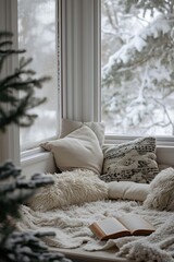 Cozy winter reading nook with snowy view. AI Generated