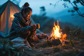 Asian young woman is camping in the mountains at night near the fire and tent and drinking coffee.