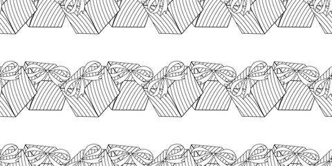 Seamless pattern of gift boxes. Hand drawn doodles for Christmas, New Year or birthday. Vector illustration.