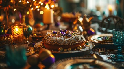 Still Life, elaborate Mardi Gras king cake on decorated table, carnival setting, festive blues and yellows, carnival sweets, Mardi Gras dessert