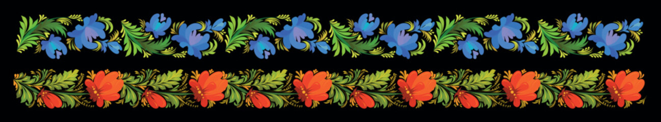 Seamless borders in vector. Ukrainian art Petrikivka. Colorful abstract flowers