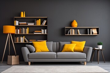 Modern cozy minimalist interior design cute scandinavian apartment flat house indoor decoration living room furniture architecture project visualization comfortable sofa decor fashionable gray space