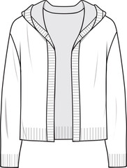 Women's Crop Hooded Cardigan. Technical fashion illustration. Front, white color. Women's CAD mock-up. - obrazy, fototapety, plakaty