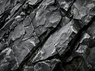 Black white rock texture. Dark gray stone granite background for design. Rough cracked mountain surface. Close-up. Crumbled