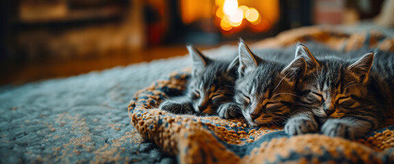 Banner with sleeping little kittens for the concept of world sleep day, caring for pets, relaxation and attraction to insomnia problems