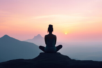 A silhouette of a woman meditating on a mountaintop during sunset. The serene landscape reveals a gradient sky and layers of distant mountains. - Powered by Adobe