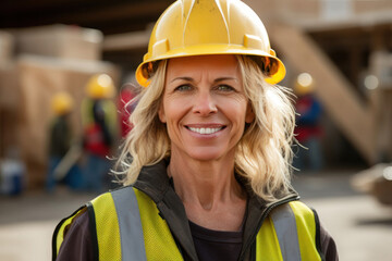 Confident female construction worker at a work site, with a genuine smile reflecting job satisfaction and professionalism.