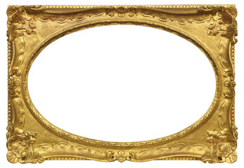 Gilded patterned frame of a painting in the Borroque style with an oval cutout in the center on a...
