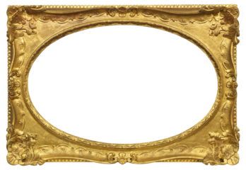 Gilded patterned frame of a painting in the Borroque style with an oval cutout in the center on a transparent background, in PNG format.