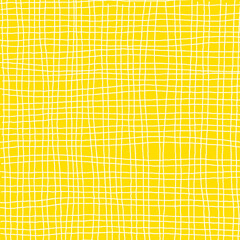 Hand drawn yellow plaid pattern. Check, square doodle background. Line art freehand grid. Crossing white stripes brush stroke. Notebook Texture. Abstract Psychedelic print with Wavy Doodle Stripes