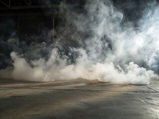Smoke On Cement Floor With Defocused Fog In Abstract Background