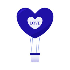 Heart shaped hot air balloon in blue color with the word love. Vector illustration