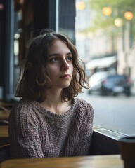 Thoughtful Young Woman Gazing Out of a Cafe Window. Generative AI.