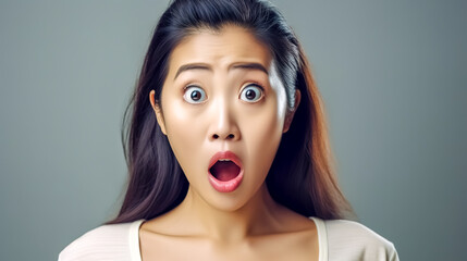 woman with an expression of great surprise, her eyes wide and mouth open in a classic gesture of astonishment. She appears to be Asian and is photographed against a neutral background - obrazy, fototapety, plakaty