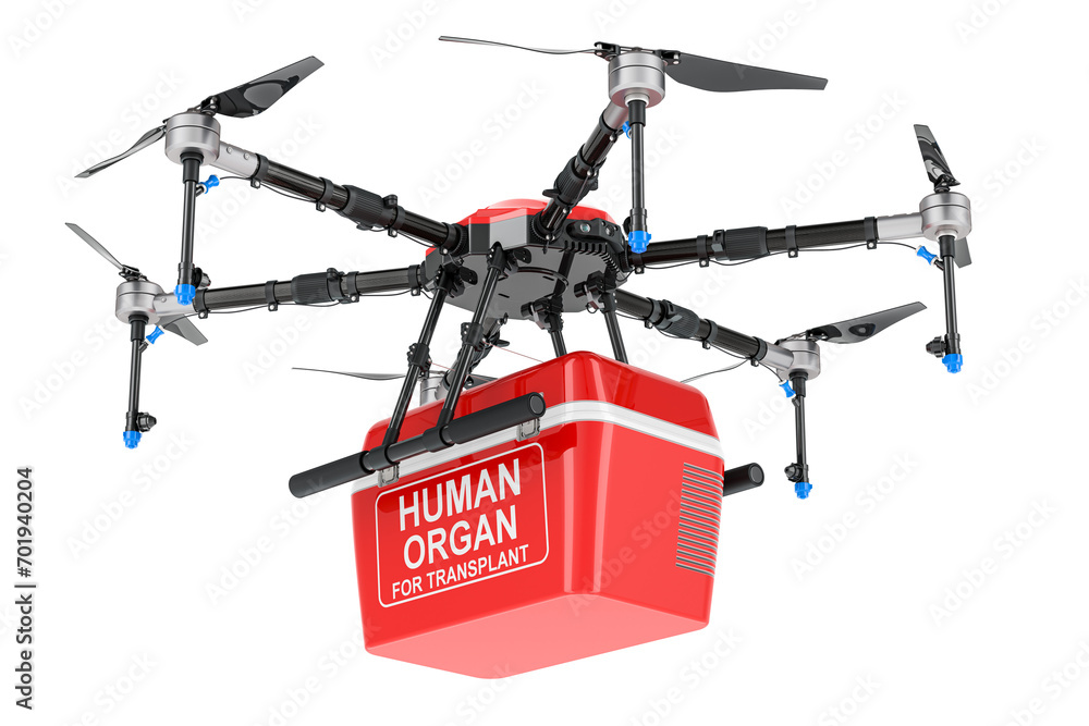Poster drone with portable fridge for transporting donor organs, express delivery for hospitals. 3d renderi