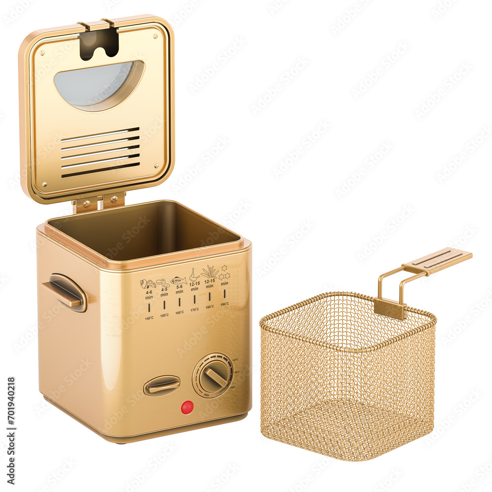 Poster golden deep fryer, 3d rendering isolated on transparent background