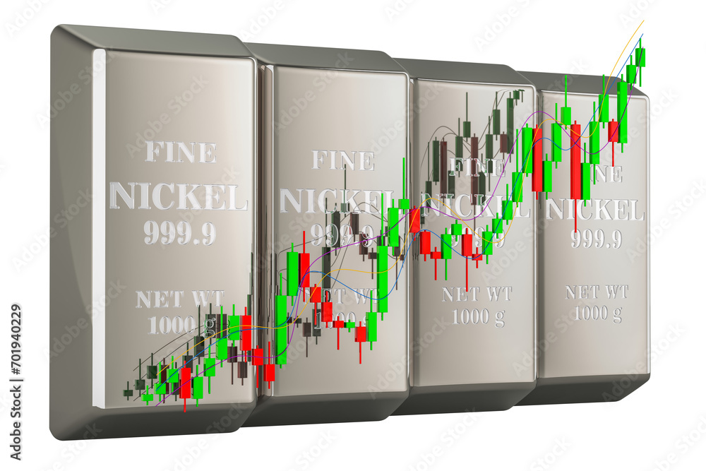 Poster nickel bars with candlestick chart, showing uptrend market. 3d rendering isolated on transparent bac