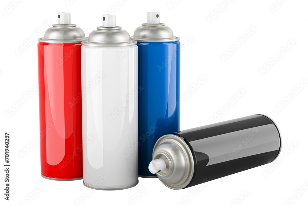 Poster spray paint cans, colored. 3d rendering isolated on transparent background