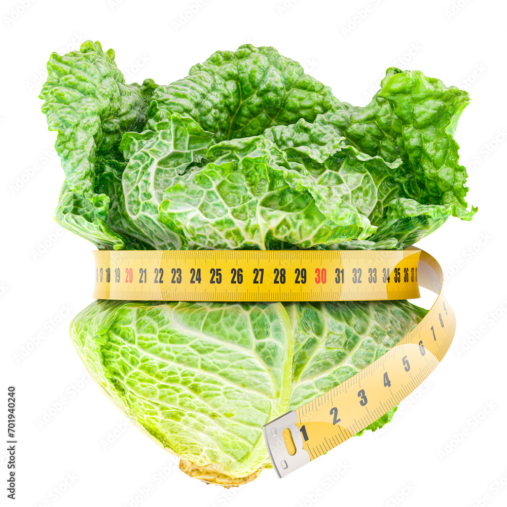 Poster savoy cabbage with measure tape around. diet and weight loss concept. 3d rendering isolated on trans
