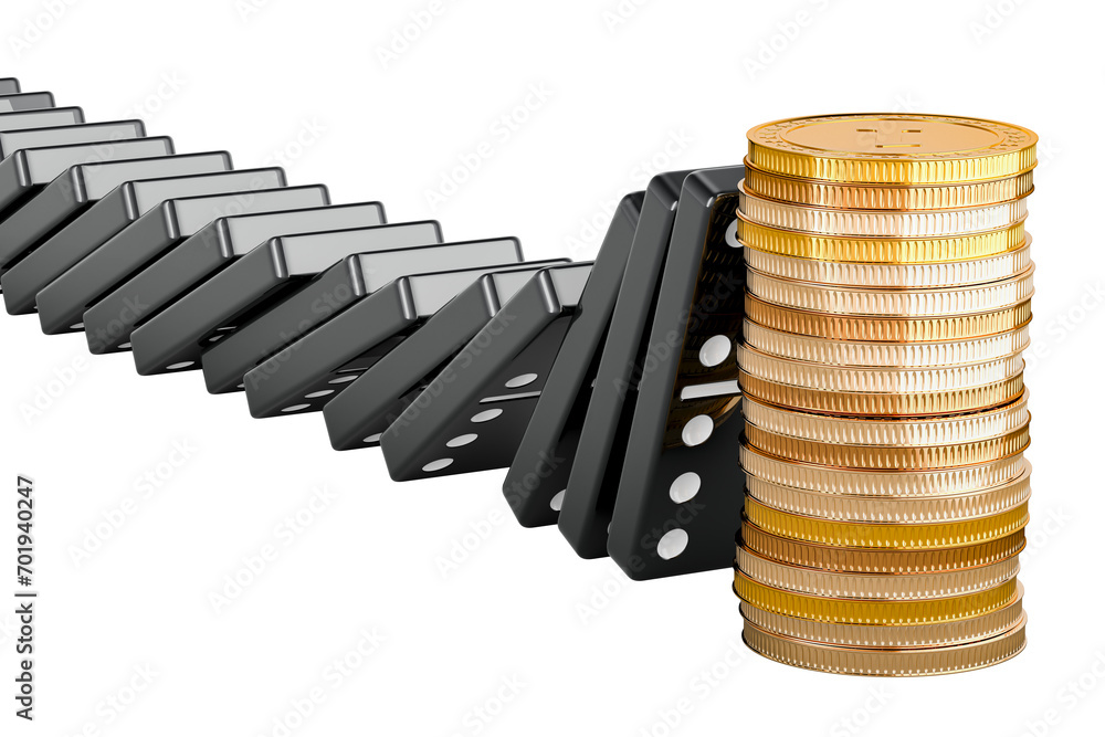 Poster stack of golden coins stopped effect domino, 3d rendering isolated on transparent background