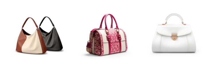 set collection of stylish women handbag purse, red and white leather, different colors and style, luxury elegant ladies hand bags isolated on white png transparent background