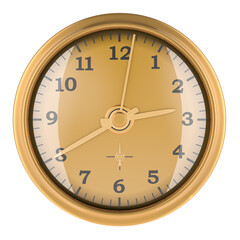 Golden Wall Clock, front view. 3D rendering isolated on transparent background