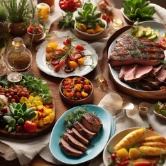 the table is covered with various dishes