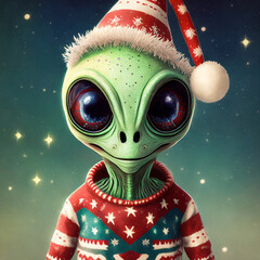 cute little green retro vintage alien everyday life – wearing a ugly Christmas sweater