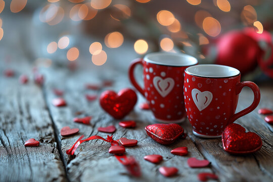 two cups of coffee and red hearts on a wodden table. Image for valentine's day, wedding, birthday or love message cards.