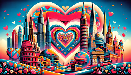 colorful illustration of international valentine's day card with world sights