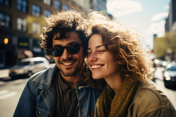 Happy young smiling couple on the street in the city during a spring day