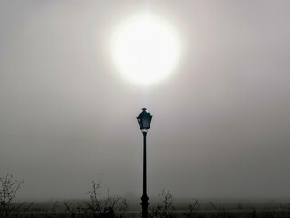 Streetlight and sun covered in fog on a winter day. Fog in the city. Street lamp covered in fog.