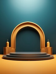Islamic 3d podium round stage for Eid Mubarak, Ramadan Kareem, Muharram, Iftar on color background, copy space - generative ai
