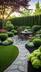 Backyard patio outdoors with flowers, grass, hedges, and a sitting area among the landscaping