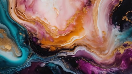 Natural luxury abstract fluid art painting in alcohol ink technique. Tender and dreamy wallpaper. Mixture of colors creating transparent waves and black swirls.Generative Ai technology.