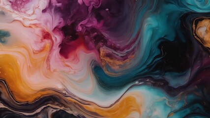Natural luxury abstract fluid art painting in alcohol ink technique. Tender and dreamy wallpaper. Mixture of colors creating transparent waves and black swirls.Generative Ai technology.