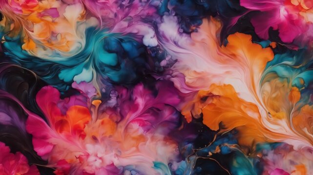 Natural luxury abstract fluid art painting in alcohol ink technique. Tender and dreamy wallpaper. Mixture of colors creating transparent waves and black swirls.Generative Ai technology. © Grigoriy