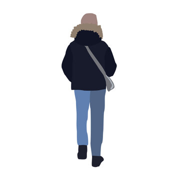 A man walks down the street in winter clothes. 2D image for use as an entourage. Vector flat city infographics.
