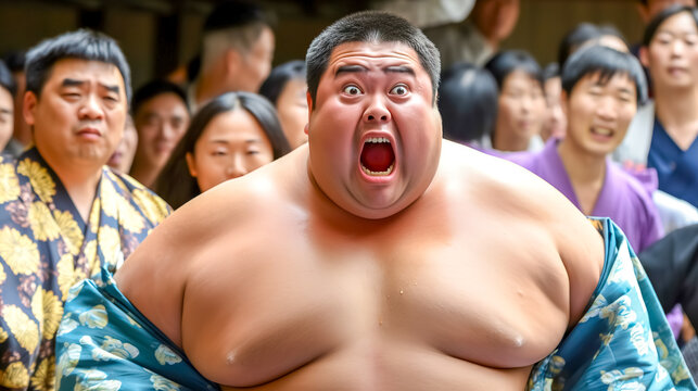 sumo wrestler with an expression of shock or surprise, with a crowd of people in the background, suggesting an event or match with an unexpected outcome.